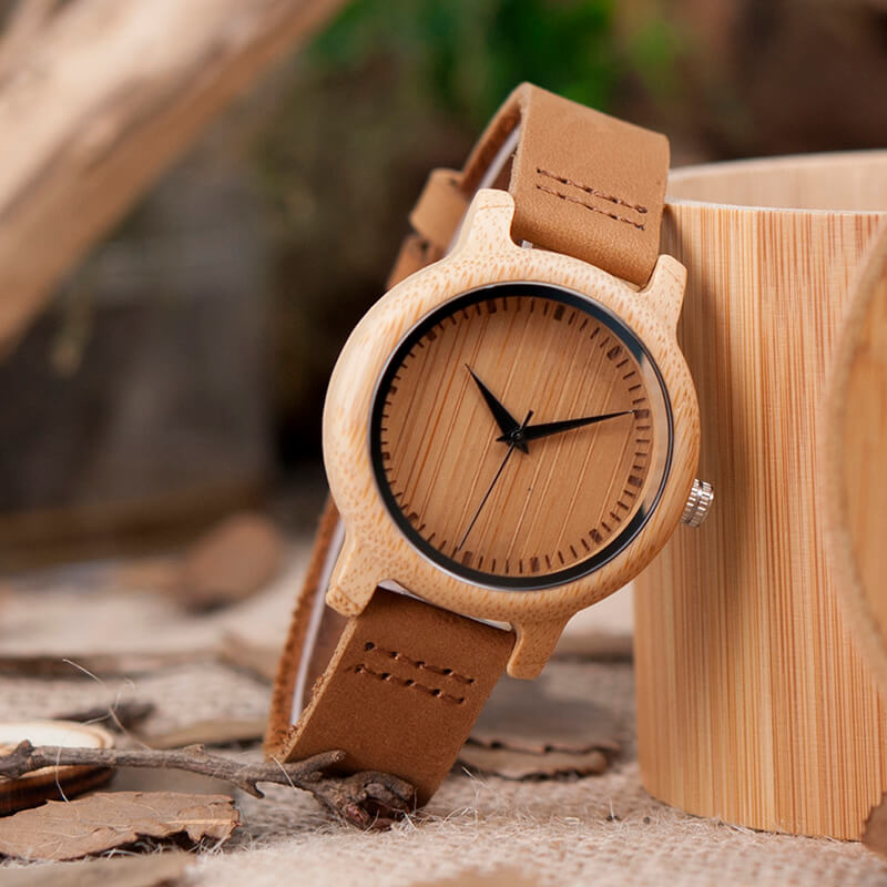 Wooden Watch Quartz Bamboo Case Leather Strap Minimalist Men's Wristwatch