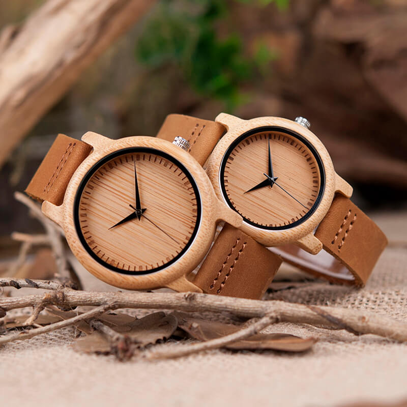 Wooden Watch Quartz Bamboo Case Leather Strap Minimalist Men's Wristwatch