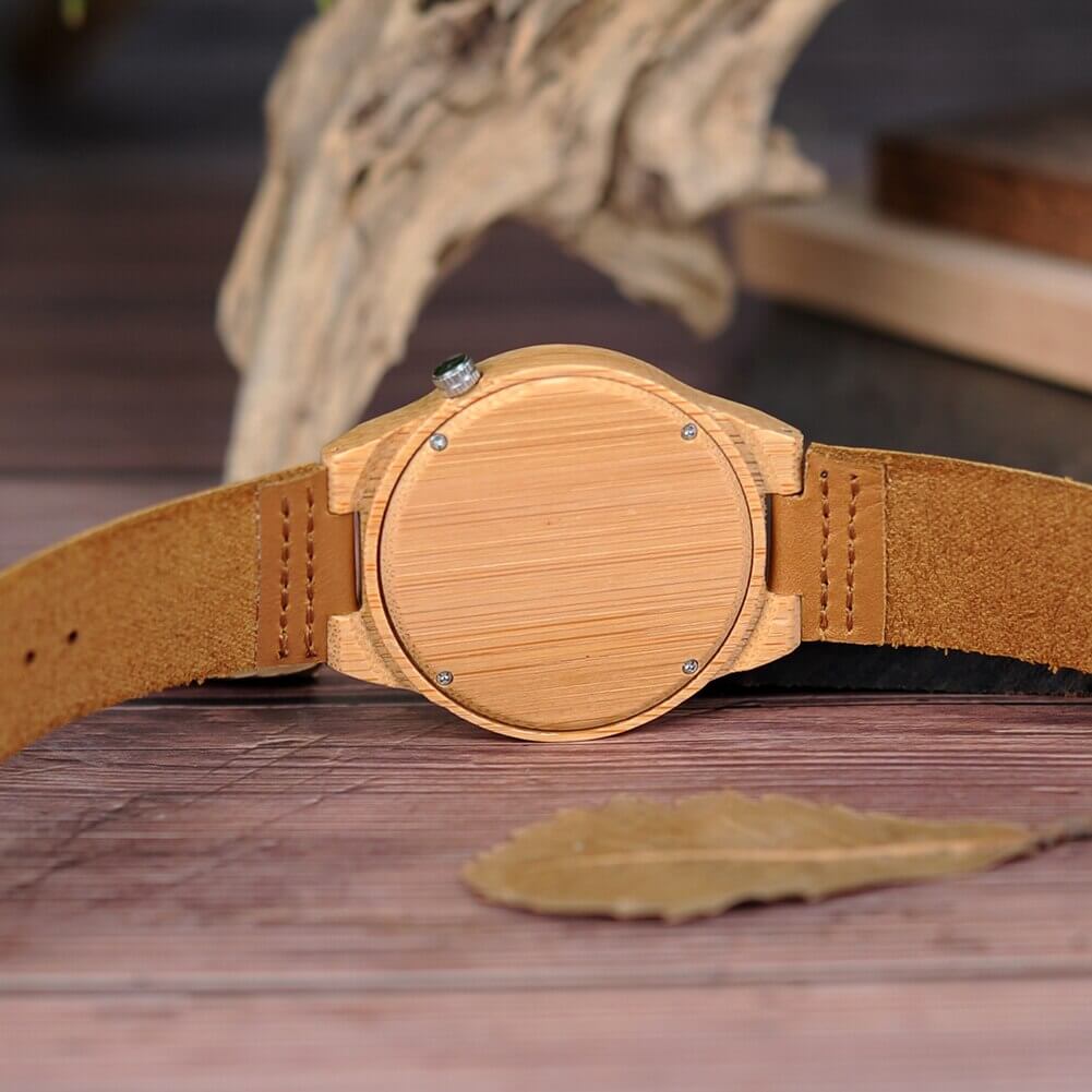 Wooden Watch Quartz Bamboo Case Leather Strap Minimalist Men's Wristwatch