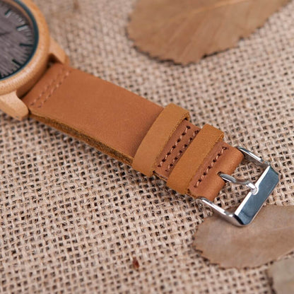 Wooden Watch Quartz Bamboo Case Leather Strap Minimalist Men's Wristwatch