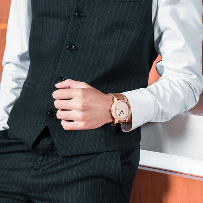 Wooden Watch Quartz Bamboo Case Leather Strap Minimalist Men's Wristwatch