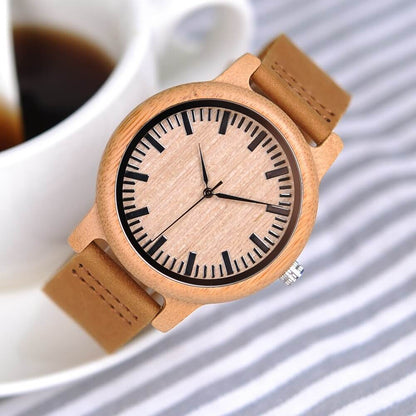 Wooden Watch Quartz Bamboo Case Leather Strap Minimalist Men's Wristwatch