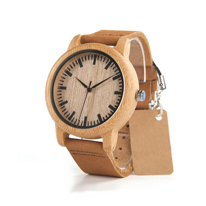 Wooden Watch Quartz Bamboo Case Leather Strap Minimalist Men's Wristwatch
