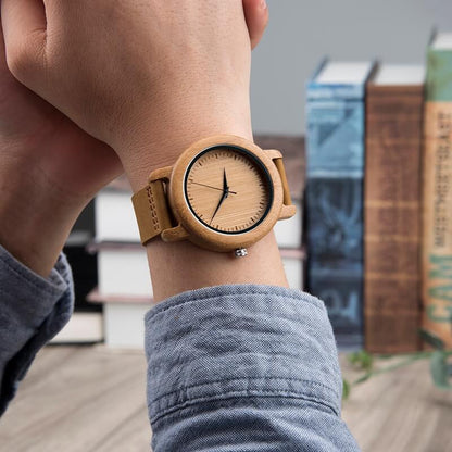 Wooden Watch Quartz Bamboo Case Leather Strap Minimalist Men's Wristwatch