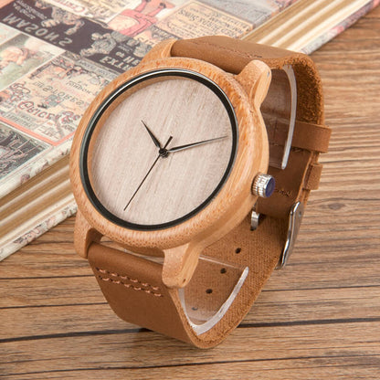Wooden Watch Quartz Bamboo Case Leather Strap Minimalist Men's Wristwatch