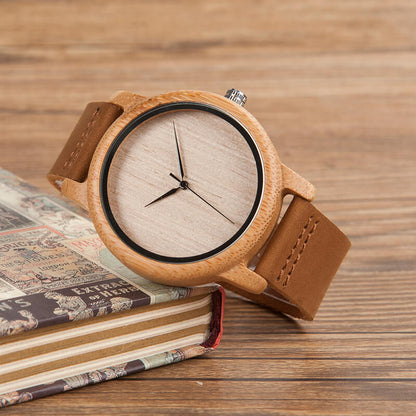 Wooden Watch Quartz Bamboo Case Leather Strap Minimalist Men's Wristwatch