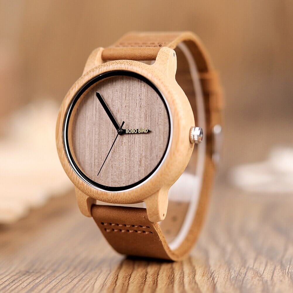 Wooden Watch Quartz Bamboo Case Leather Strap Minimalist Men's Wristwatch