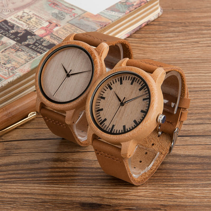 Wooden Watch Quartz Bamboo Case Leather Strap Minimalist Men's Wristwatch