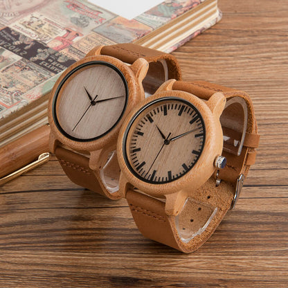 Wooden Watch Quartz Bamboo Case Leather Strap Minimalist Men's Wristwatch