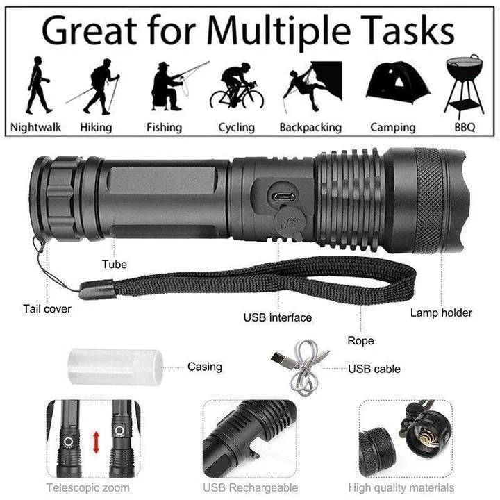 Torcia LED ricaricabile XHP50.2, 90000 lumen, con zoom