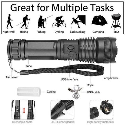 Torcia LED ricaricabile XHP50.2, 90000 lumen, con zoom