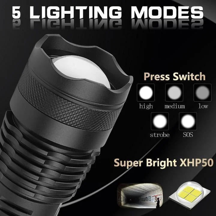 Torcia LED ricaricabile XHP50.2, 90000 lumen, con zoom